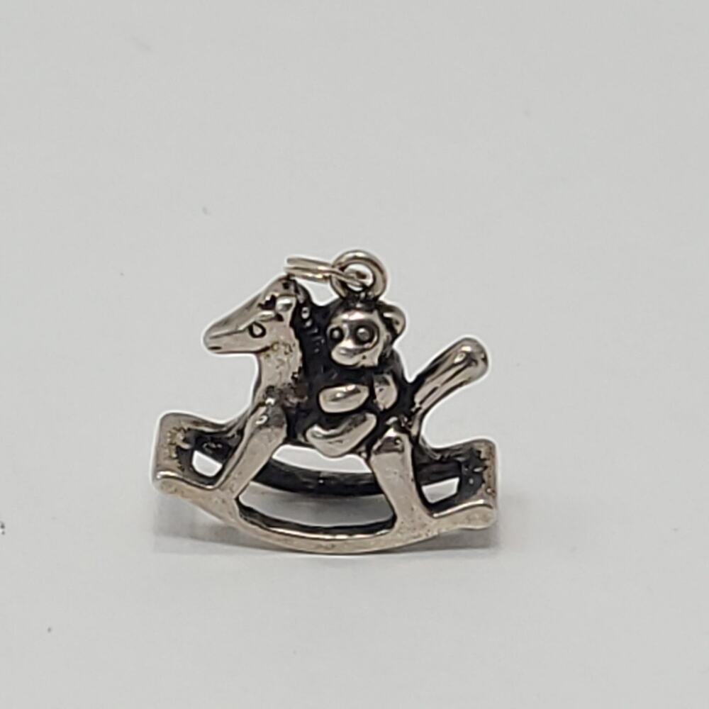 Vintage Sterling Silver Pendant Charm Teddy Bear Riding Rocking Horse 3/4" Cute!
